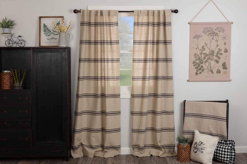 Piper Classics Mill House Stripe Black Panel Panel Curtains, Set of 2 Panels, 84" Long, Farmhouse Primitive Grain Sack Stripe Window Drapes, Beige & Black - Image 2